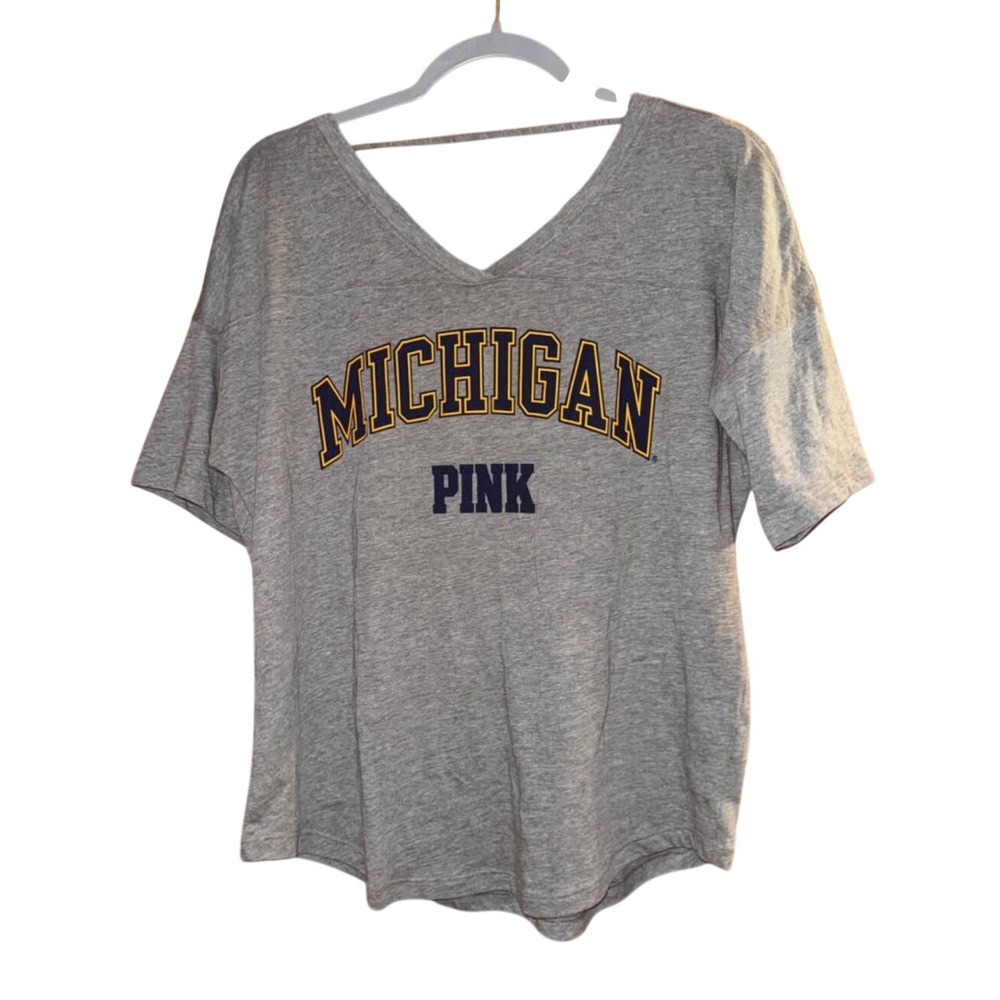 PINK Victoria's Secret Michigan Shirt S Grey V-Neck Strappy Open Back NWT